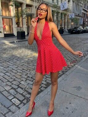 Red Polka Dot Halter Mini Dress - Women
